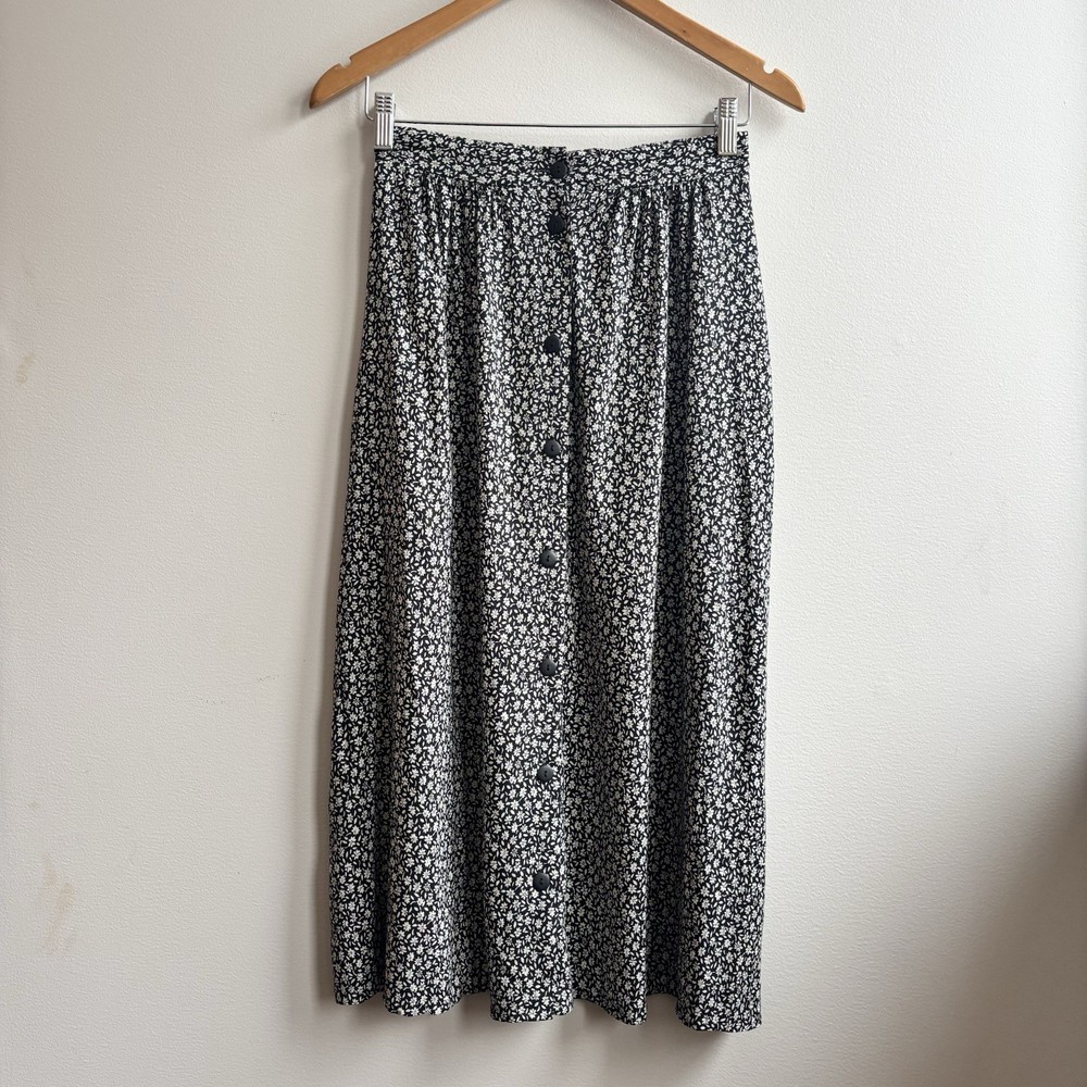 Vintage Floral Midi Skirt S Black White Ditsy Button Slit Cottagecore Prairie