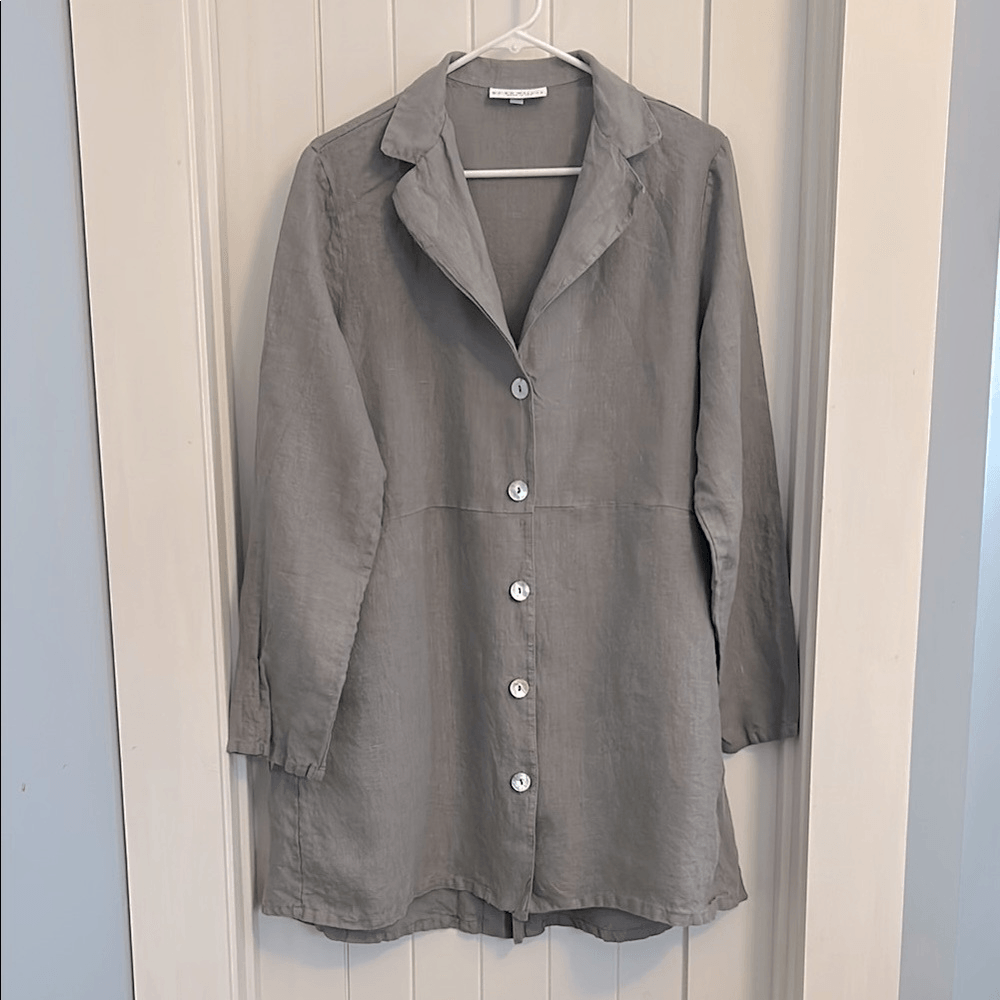 Bryn Walker Linen Tunic Gray Button Front Back Button Detail Medium