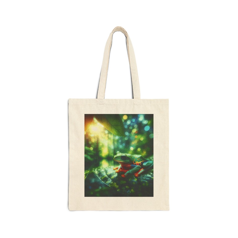 Cotton Canvas Tote Bag with Frog in Greenery Design Eco-Friendly Everyday Carry