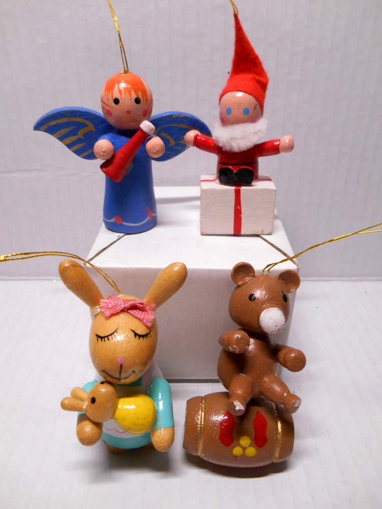 Lot of 4 Vintage Wooden Christmas Ornaments Hand Painted ANGEL SANTA BEAR BUNNY