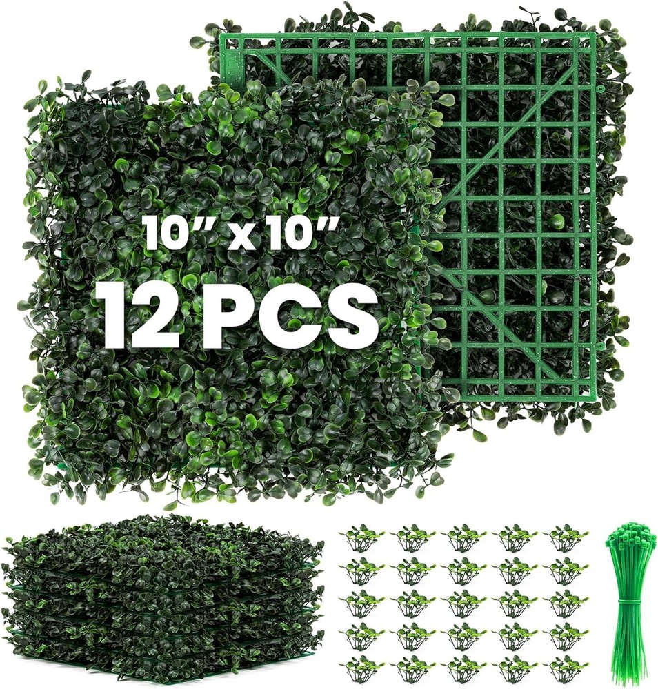 12 Pack 10x10 Inch Artificial Boxwood Hedge Panels for Privacy Wall Decor