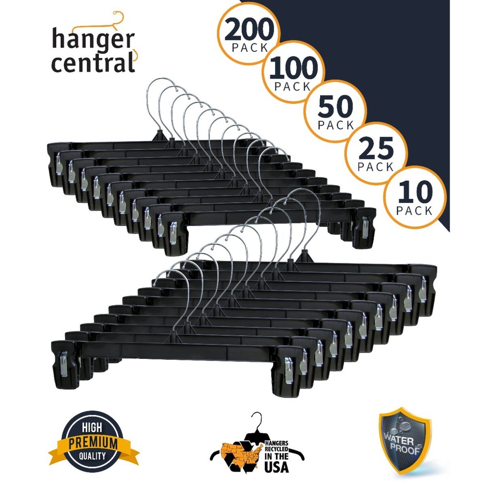 14-Inch Recycled Black Heavy-Duty Plastic Hangers for Pants & Skirts, 25-Pack, Durable & Eco-Friendly Wardrobe Organizers