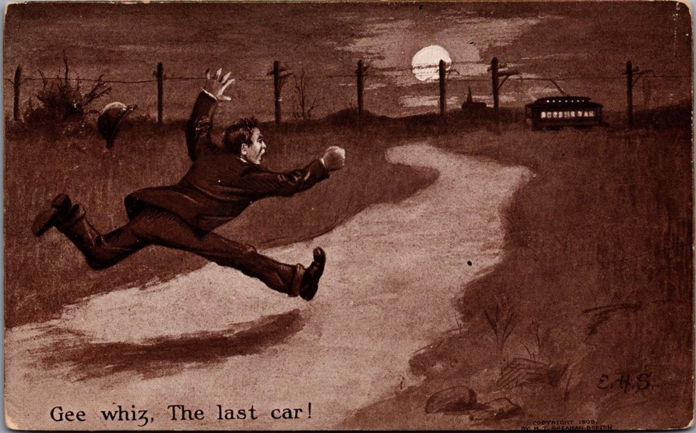 1909 Comic Postcard Man Chasing Last Car Trolley Sheahan's Lowell MA