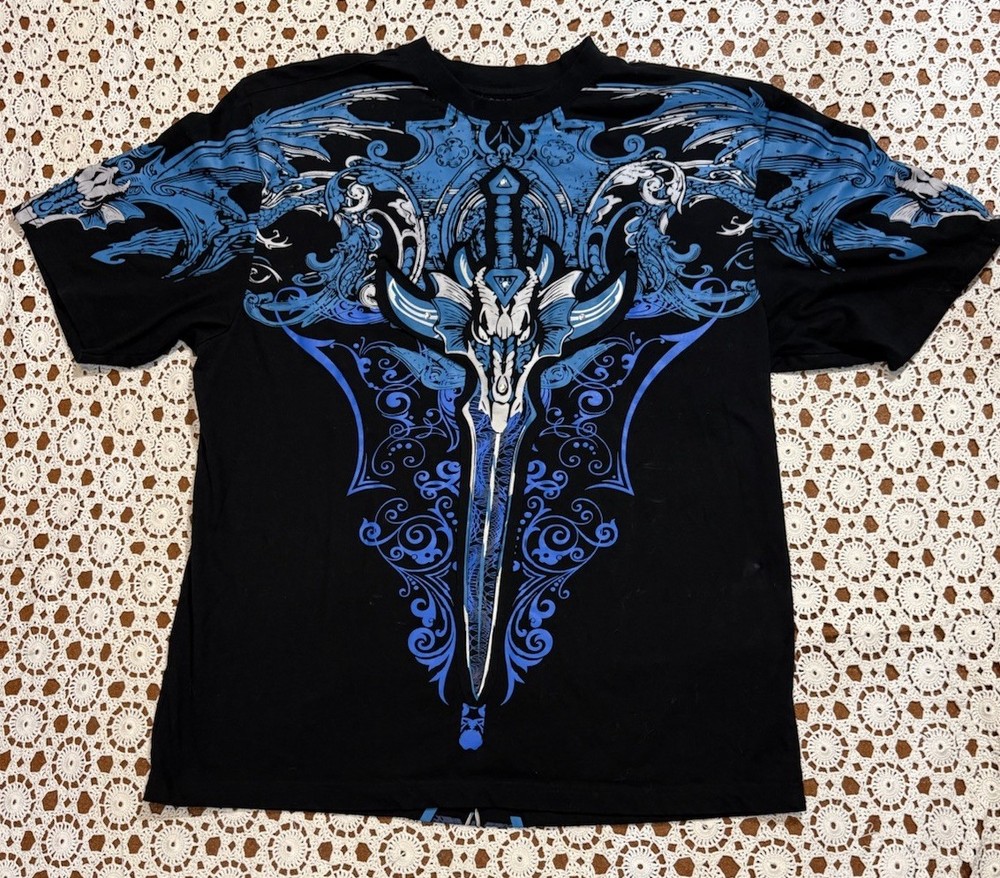 Vintage Y2K Raw Blue Grunge AOP Dragon Sword Gothic Goth Cyber Emo Punk Shirt