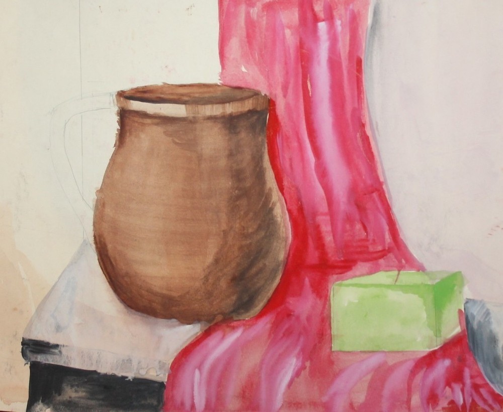 Vintage Impressionist watercolor painting still life with pitcher