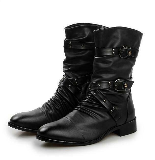 Men Punk Military Ankle Boots with Zipper Buckle Gothic Rock Pointed Toe