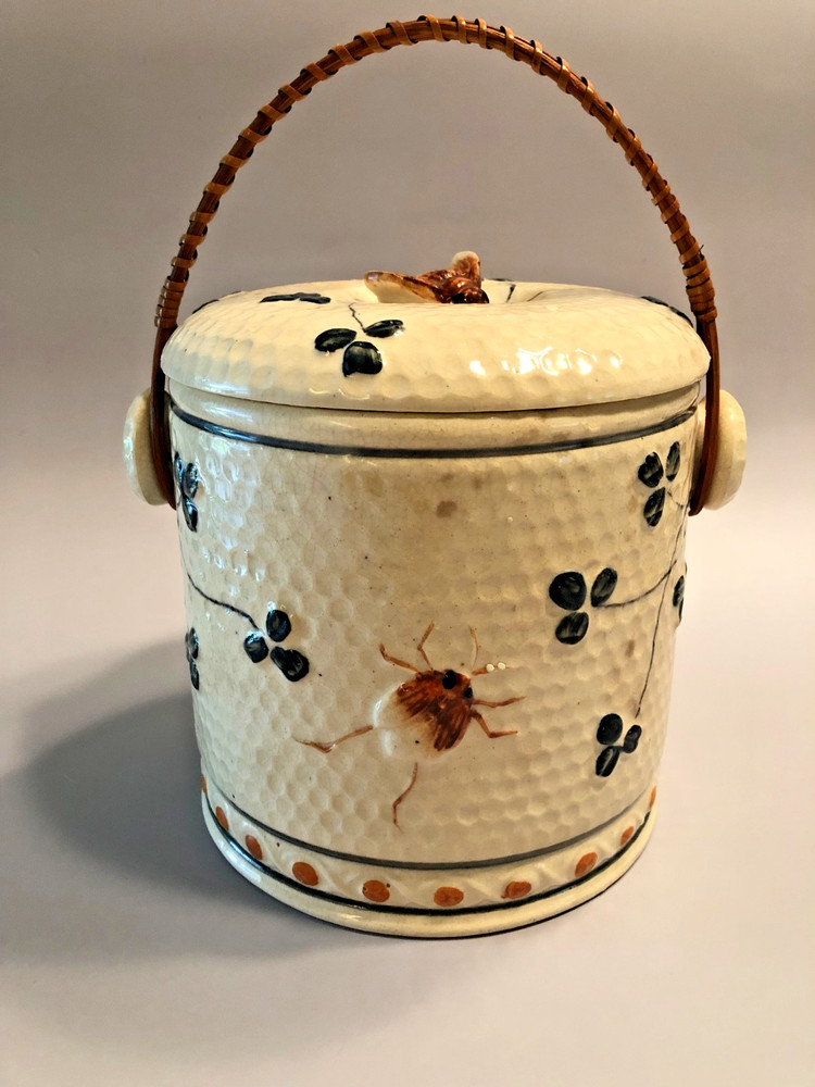 Vintage Japan Bee & Flowers Biscuit/Cookie Jar With Wicker Handle