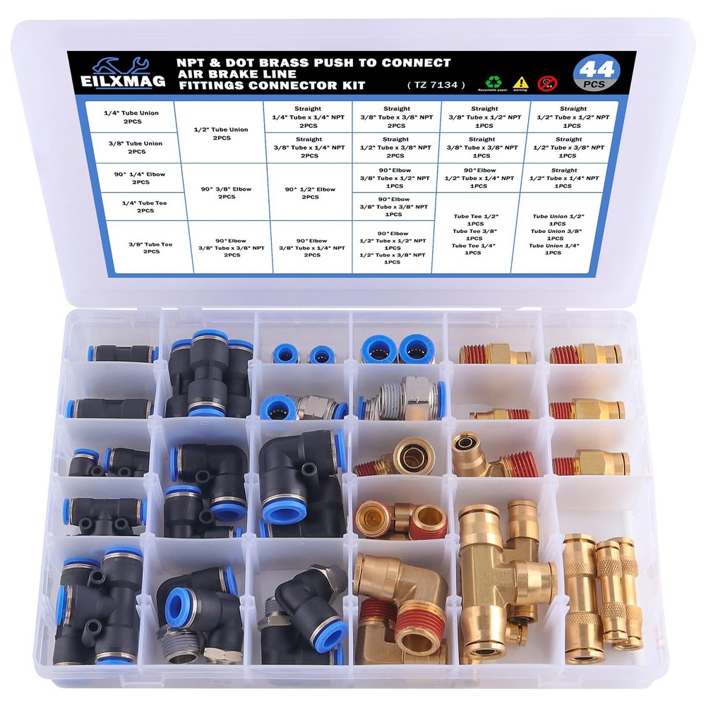 DOT Air Line Fittings Assortment, 44 Pcs Push to Connect Fittings NPT Male Th...