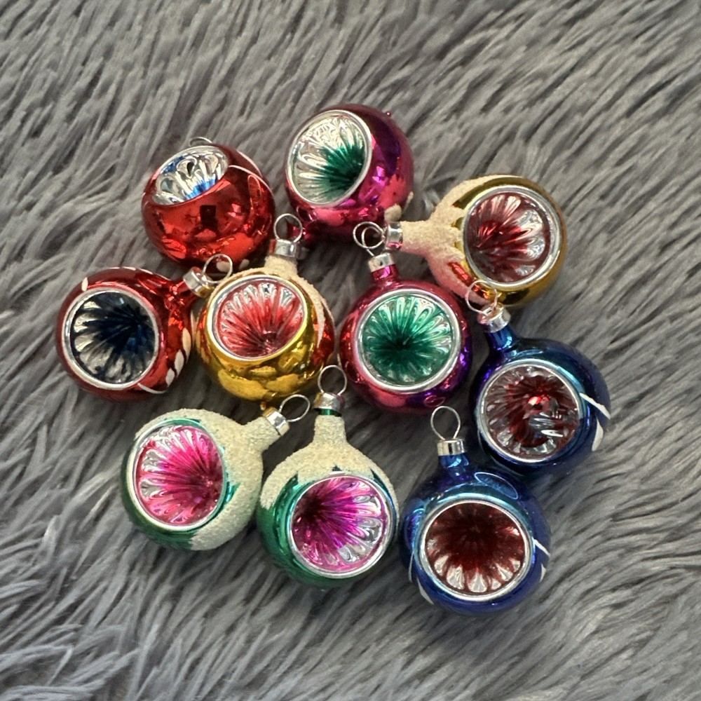 Lot of 10 Vintage Mercury Glass Indent Reflector Christmas Ornaments MCM