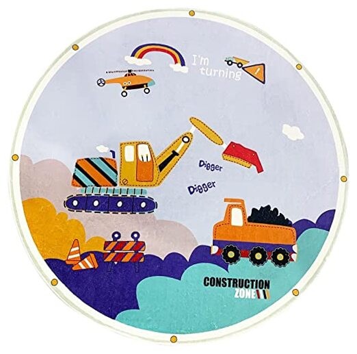 4ft Round Kids Digger Shaggy Rug with Construction Trucks for Crawling Play