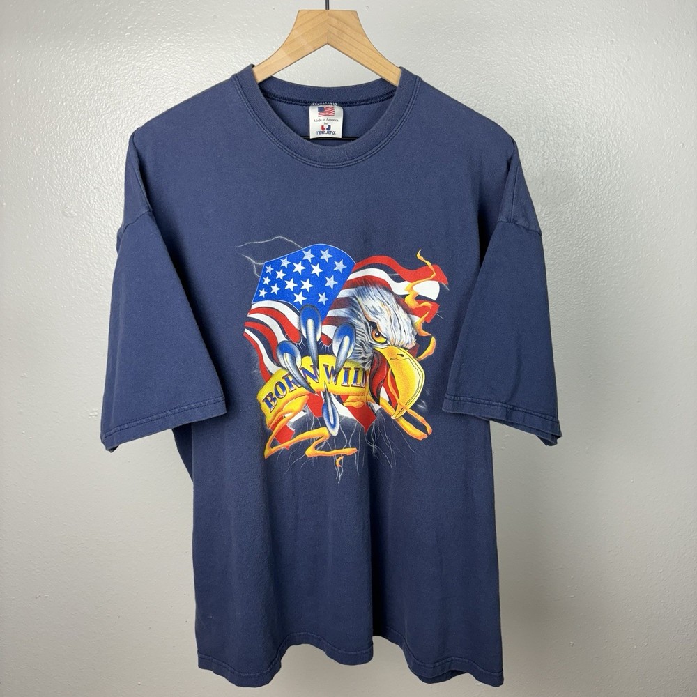 Vintage 90s Born Wild Eagle Biker Motorcycle T Shirt Size XL Navy Blue USA