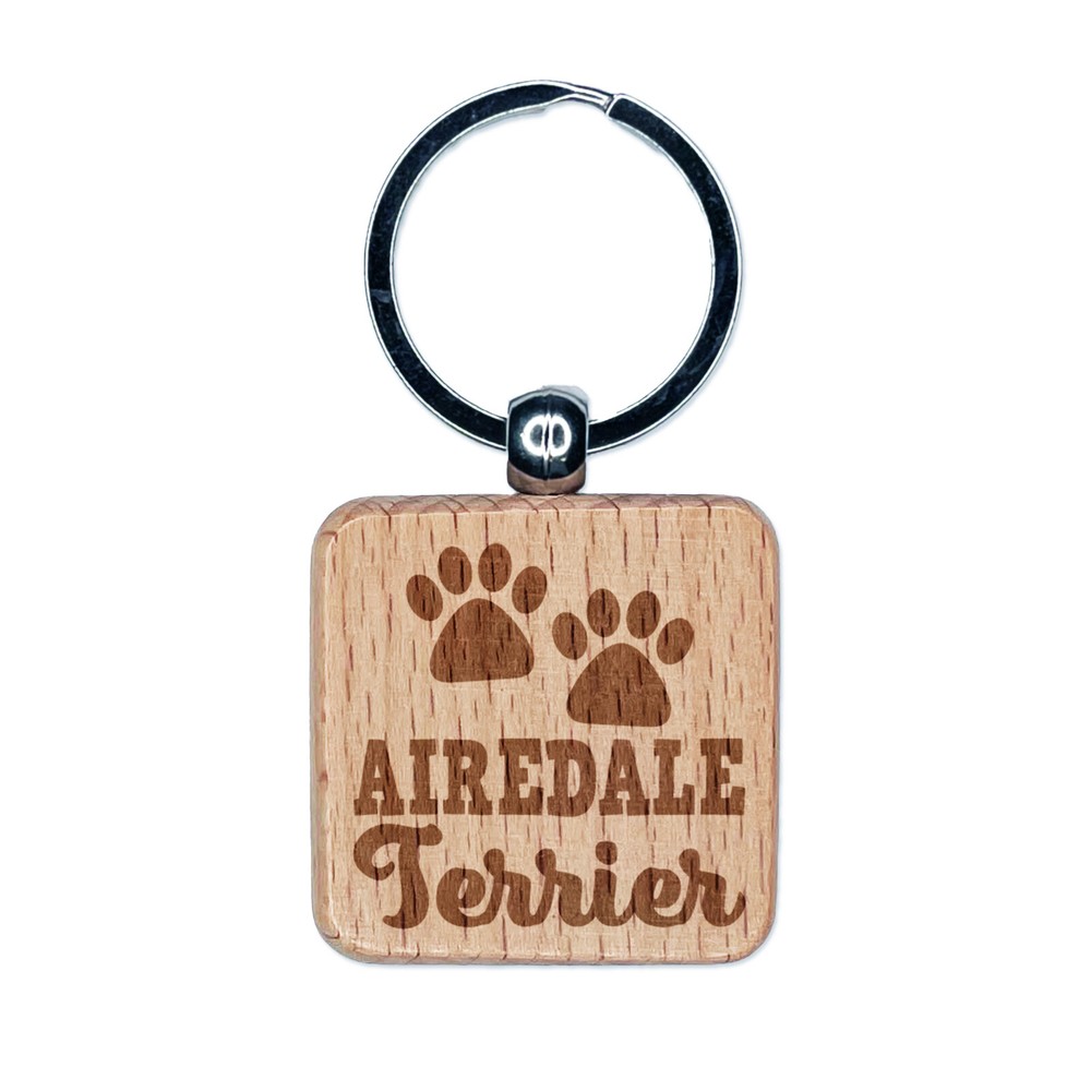 Airedale Terrier Paw Print Wood Keychain Charm Engraved Pet Gift