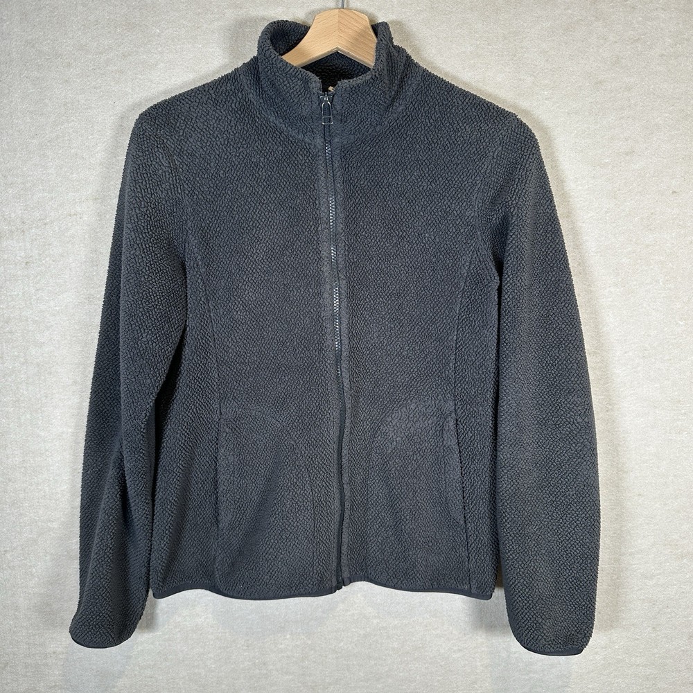 Uniqlo Women’s Low Pile Fleece Jacket Size Small Black Gray Pockets Full Zip