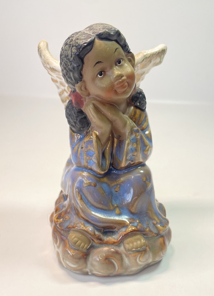 Brown-Skinned Ceramic Angel Girl Figurine in Blue Dress 5 Inch