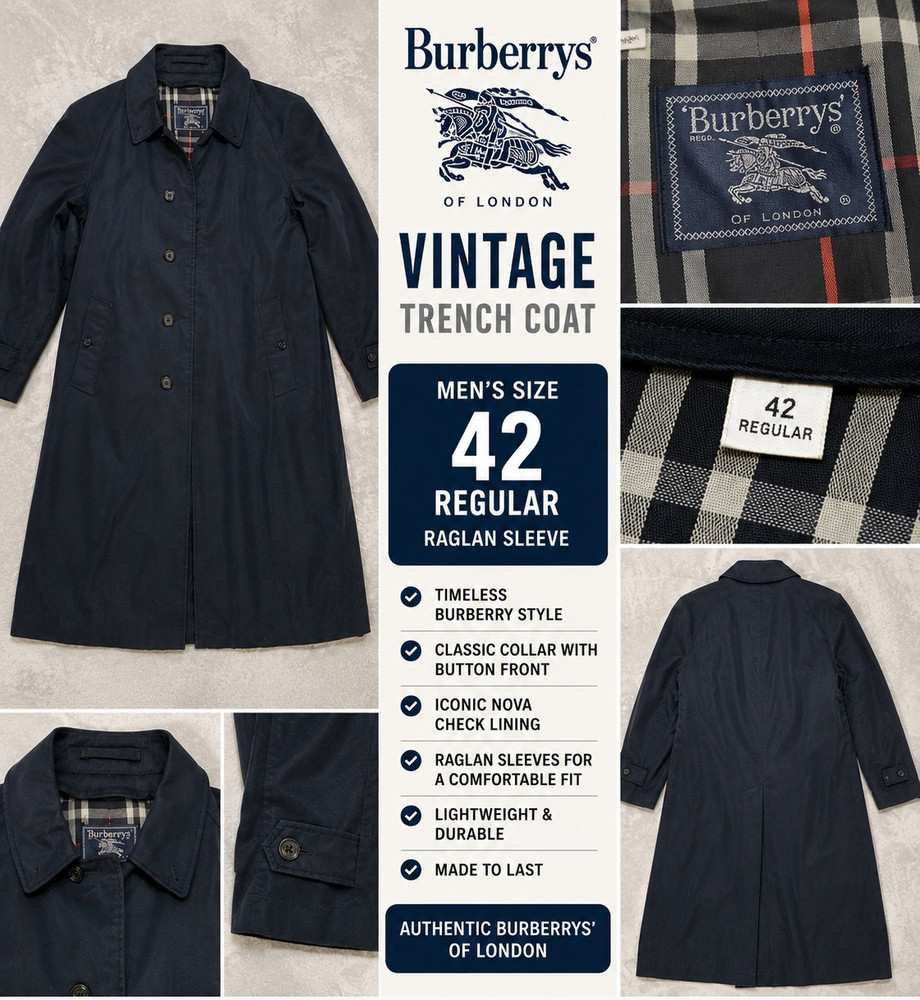 Burberrys Vintage Men's Navy Trench Coat 42 Regular Nova Check Raglan Sleeve