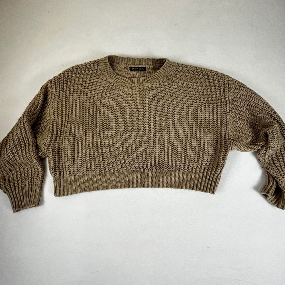 SHEIN Taupe Ribbed Knit Cropped Sweater Long Sleeve Women's Size M