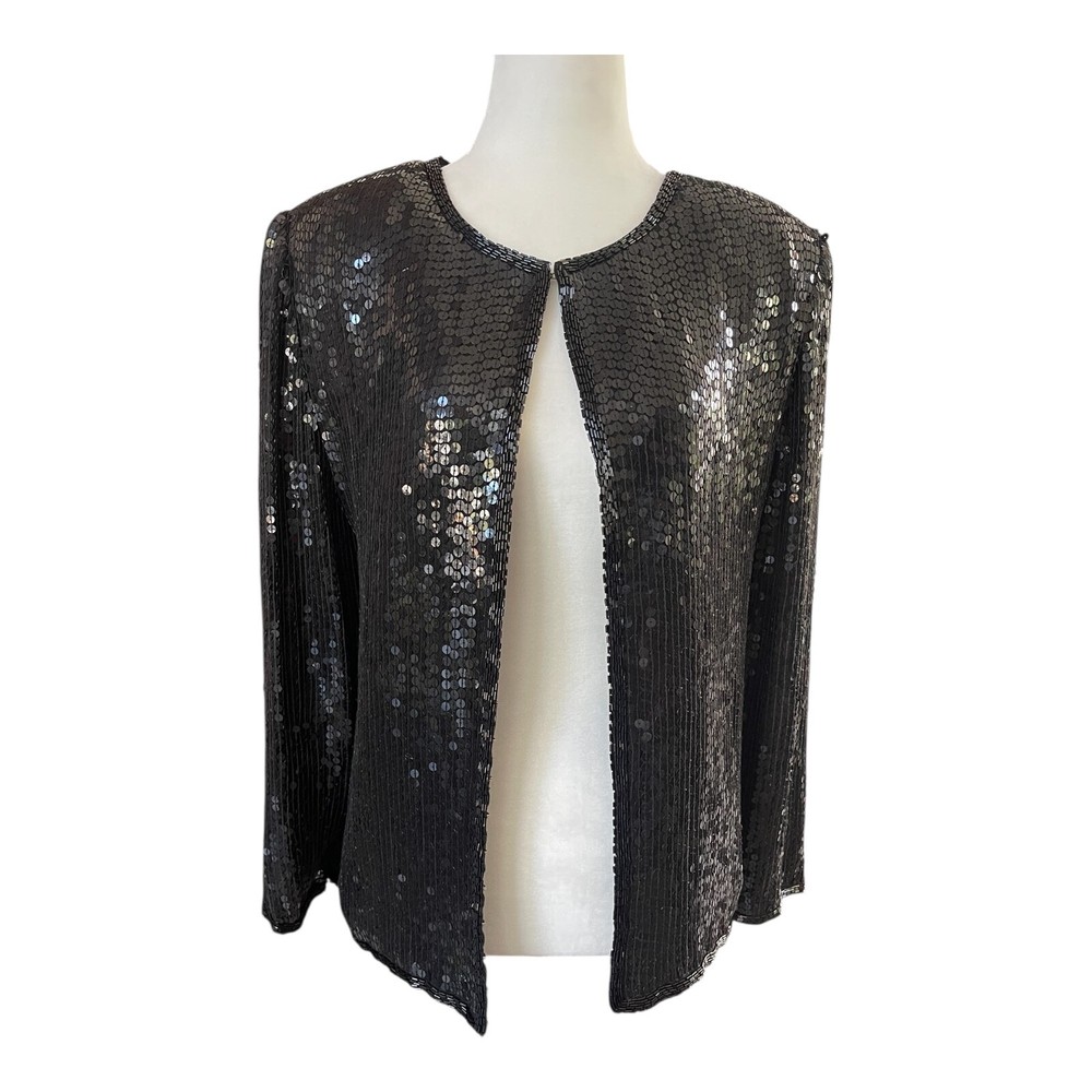 Vintage Stenay Sequin Jacket Medium Black Silk Open Front Evening Blazer 100% Si