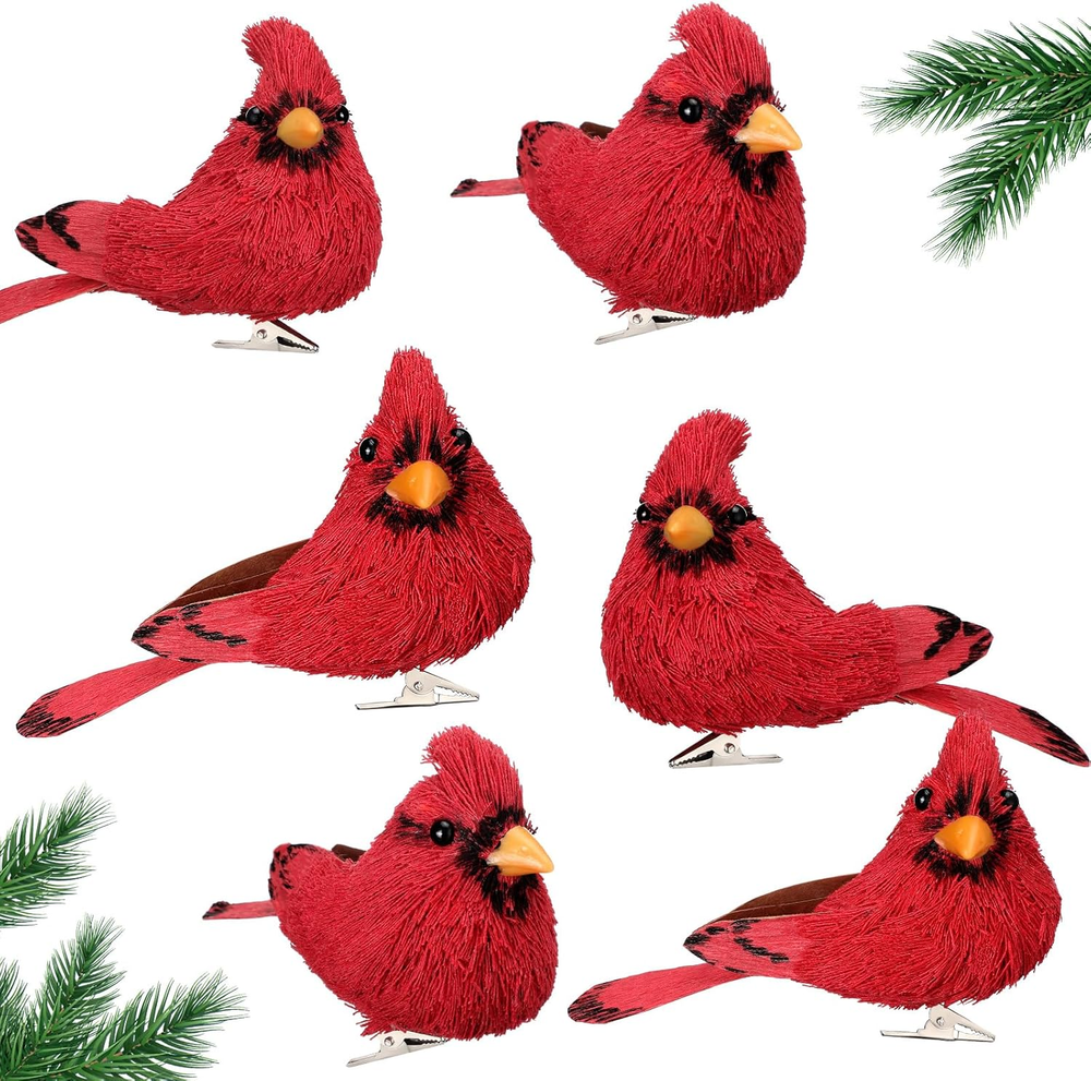 Set of 6 Sisal Cardinal Bird Ornaments, Rustic Red Clip-On Decorations for Tree