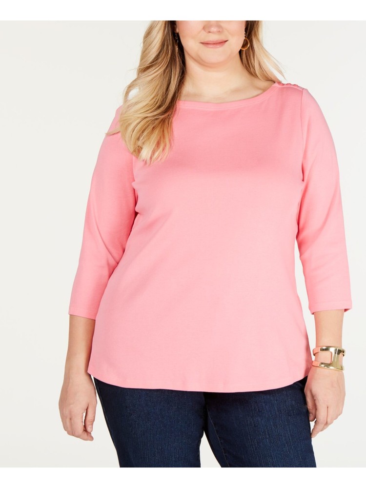 CHARTER CLUB Womens Pink Buttoned-shoulder 3/4 Sleeve Boat Neck Top S