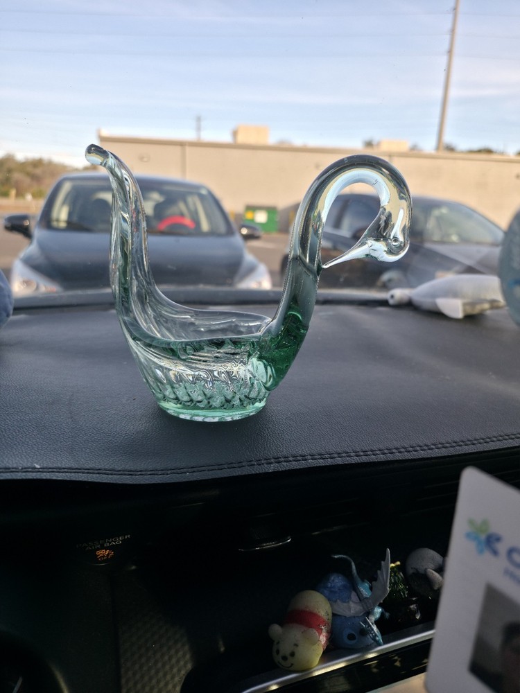 Vintage Art Glass Aqua Green Swan Candle Holder Trinket Dish