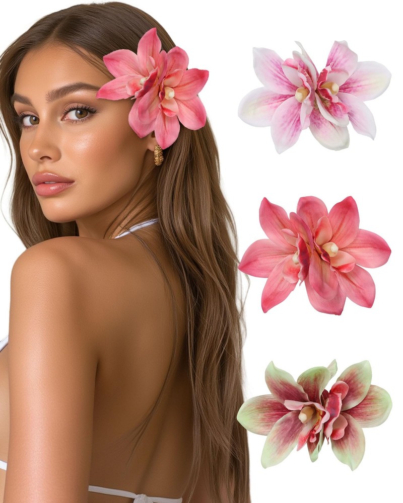 3 Pieces Hawaiian Flower Hair Clips for Women - Artificial Tropical Flower Hair