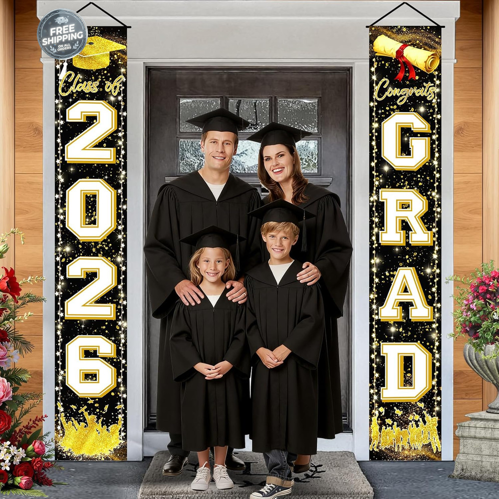 Black Gold Graduation Decorations Class of 2026 Congrats GRAD Porch Sign Banner