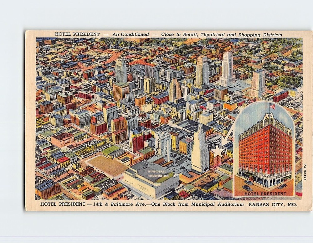 Postcard Aerial View of Hotel President Kansas City Missouri USA