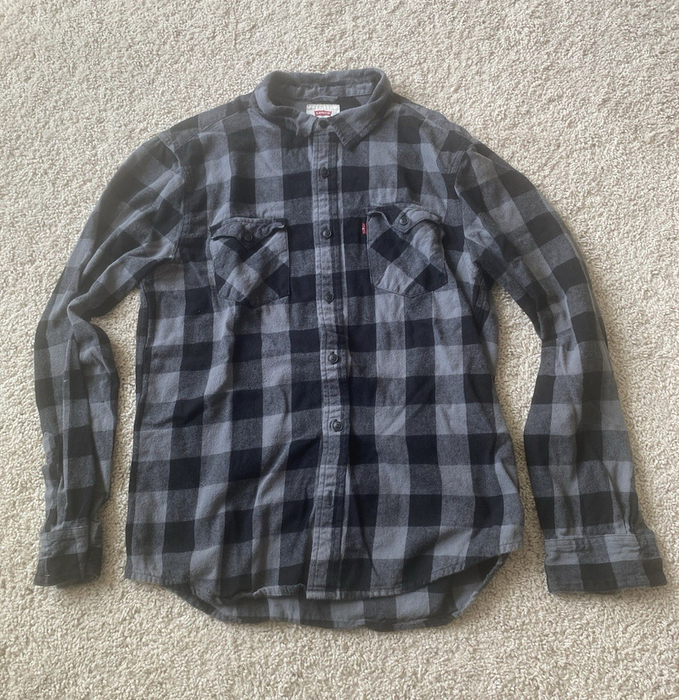 Levi's Men's Gray/Black Plaid Long Sleeve Button-Up Shirt Point Collar M