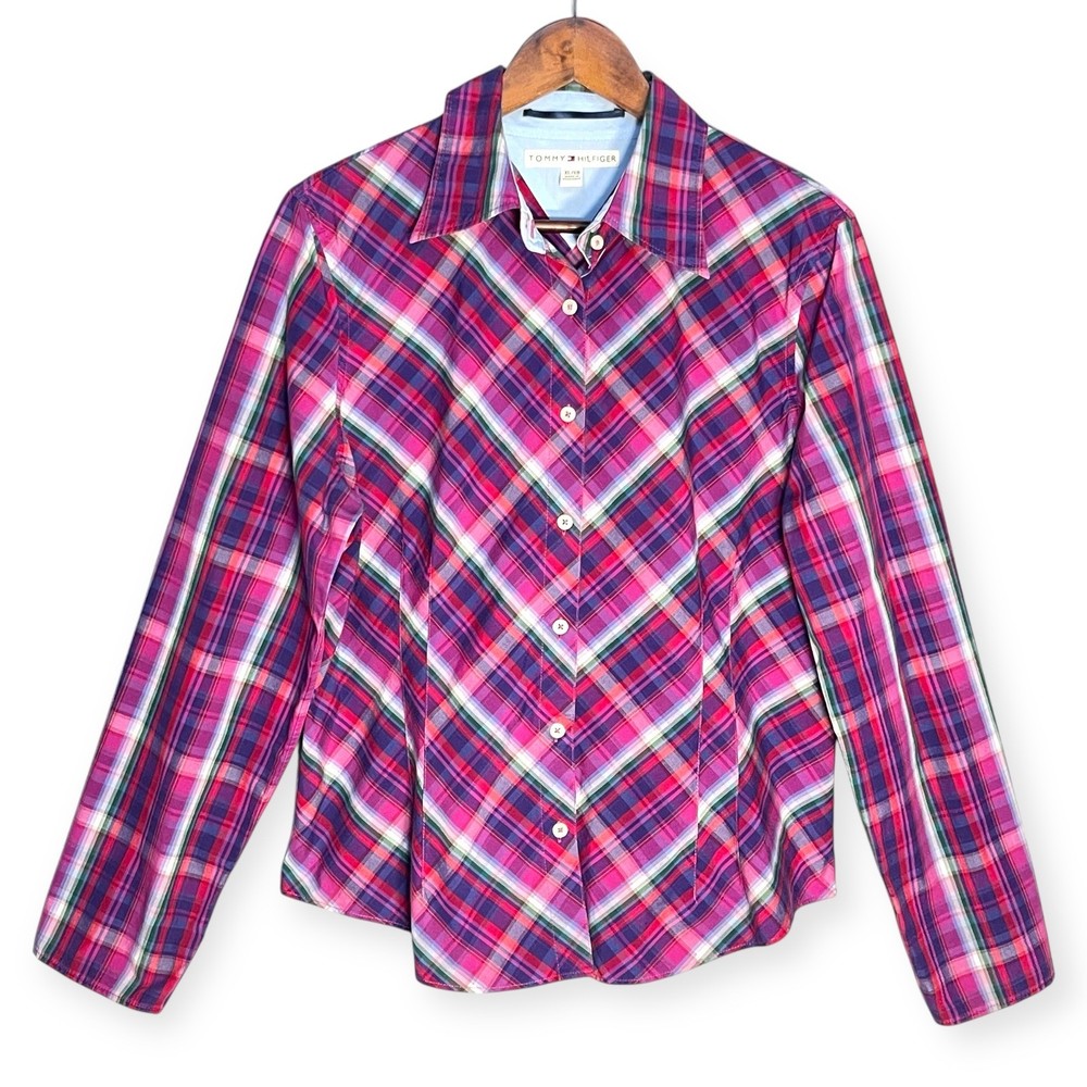 Tommy Hilfiger Plaid Button Down Shirt Womens XL Long Sleeve Pink Purple