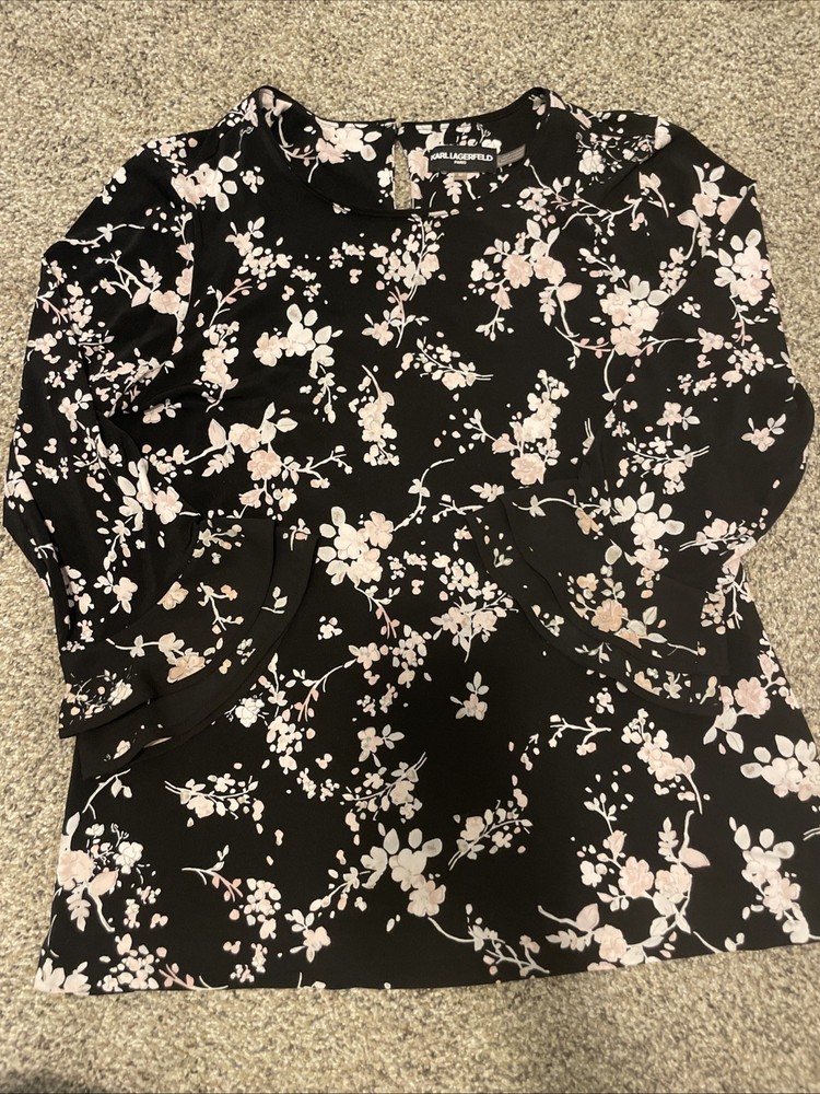 Karl Lagerfeld Women's Floral Blouse Black, Long Sleeve, Size M