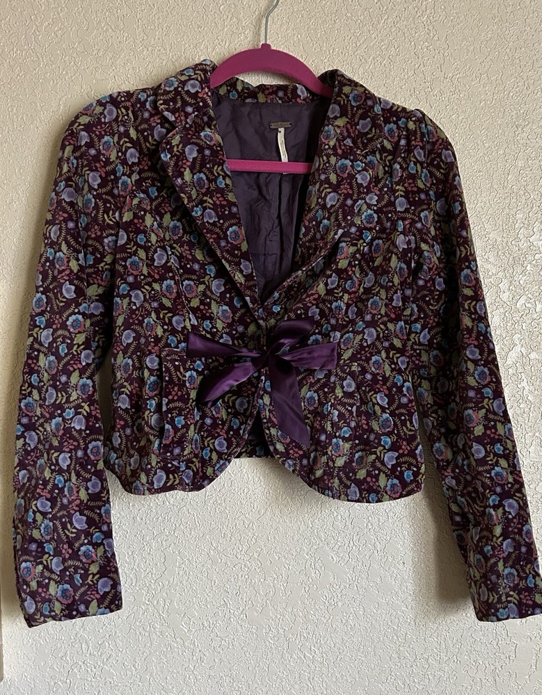 FREE PEOPLE ~ Soft Plum Floral Velvet Ribbon Tie Jacket ~ 2