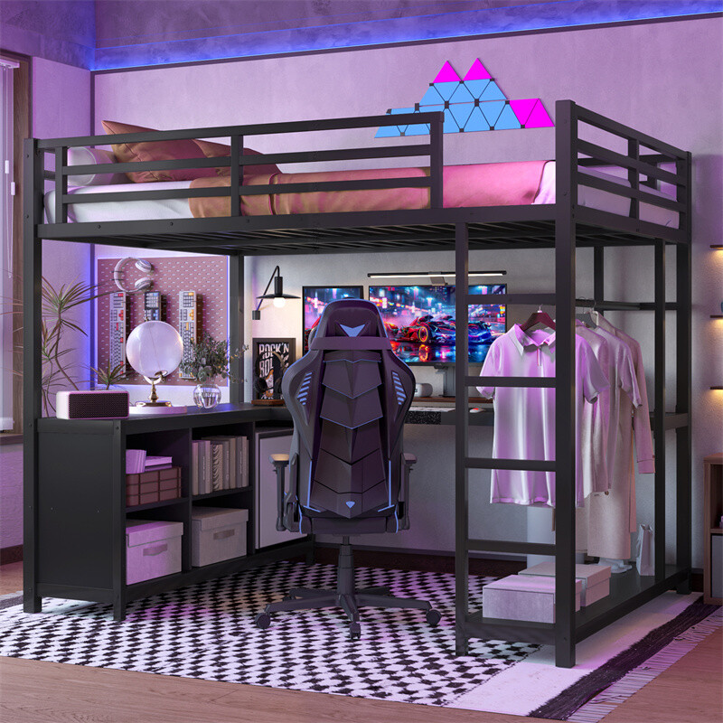 Full Size Metal Loft Bed with Wardrobe,L-shaped Desk,Storage Cubes and Shelves