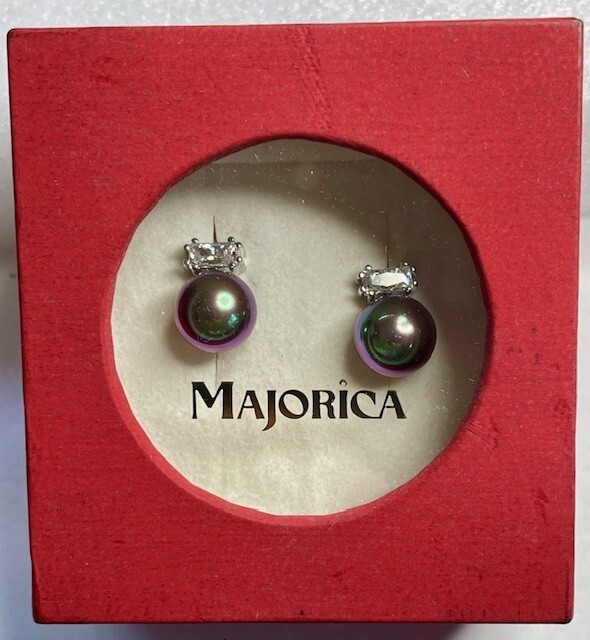 Vintage Majorica Spain Blue Imitation Pearl & CZ Stud Post Earrings in Red Box