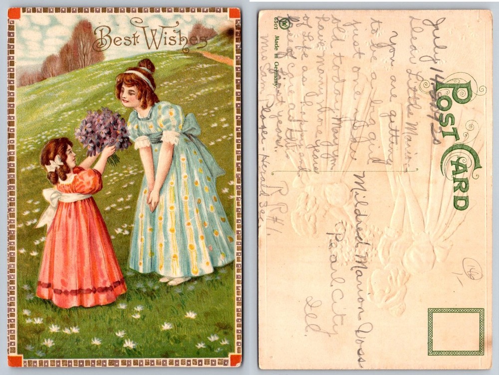 1909 Embossed Best Wishes Postcard, Girls with Flowers, Made in Germany