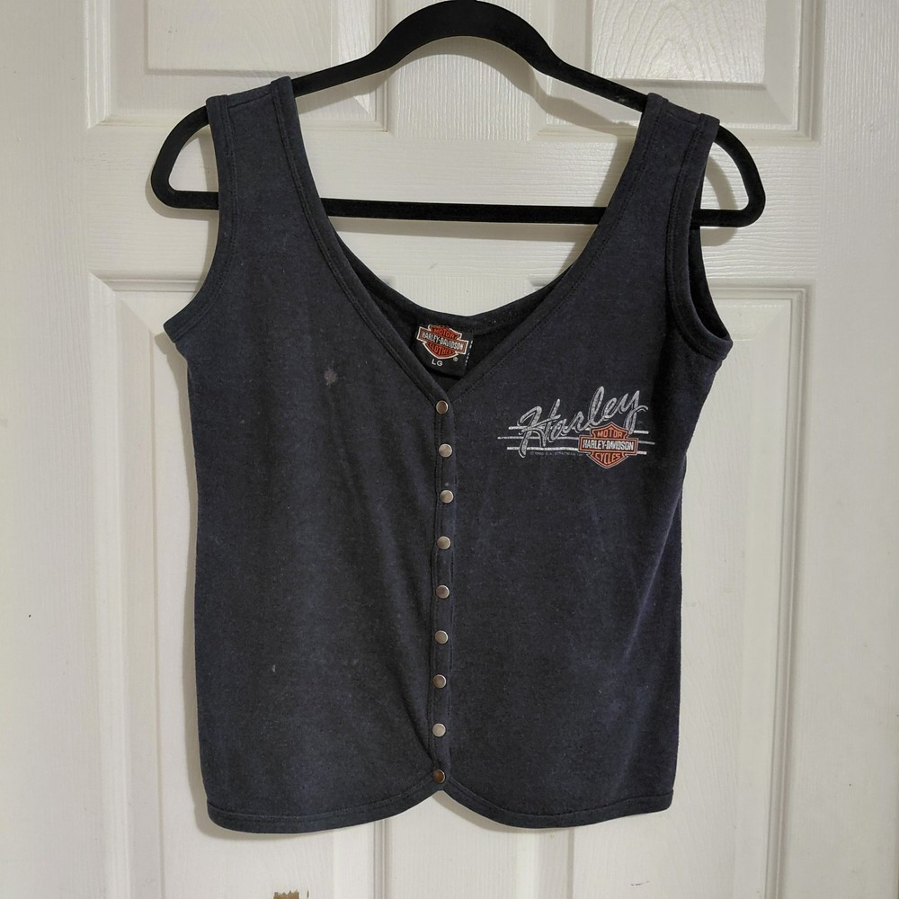 Vintage 90s Women's Harley-Davidson Santa Cruz California Black Snap Up Tank Top