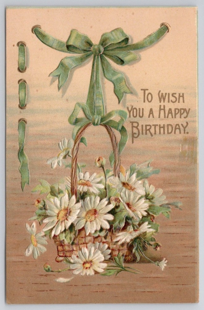 Vintage Embossed Birthday Postcard Daisy Basket Green Bow Easton PA Postmark