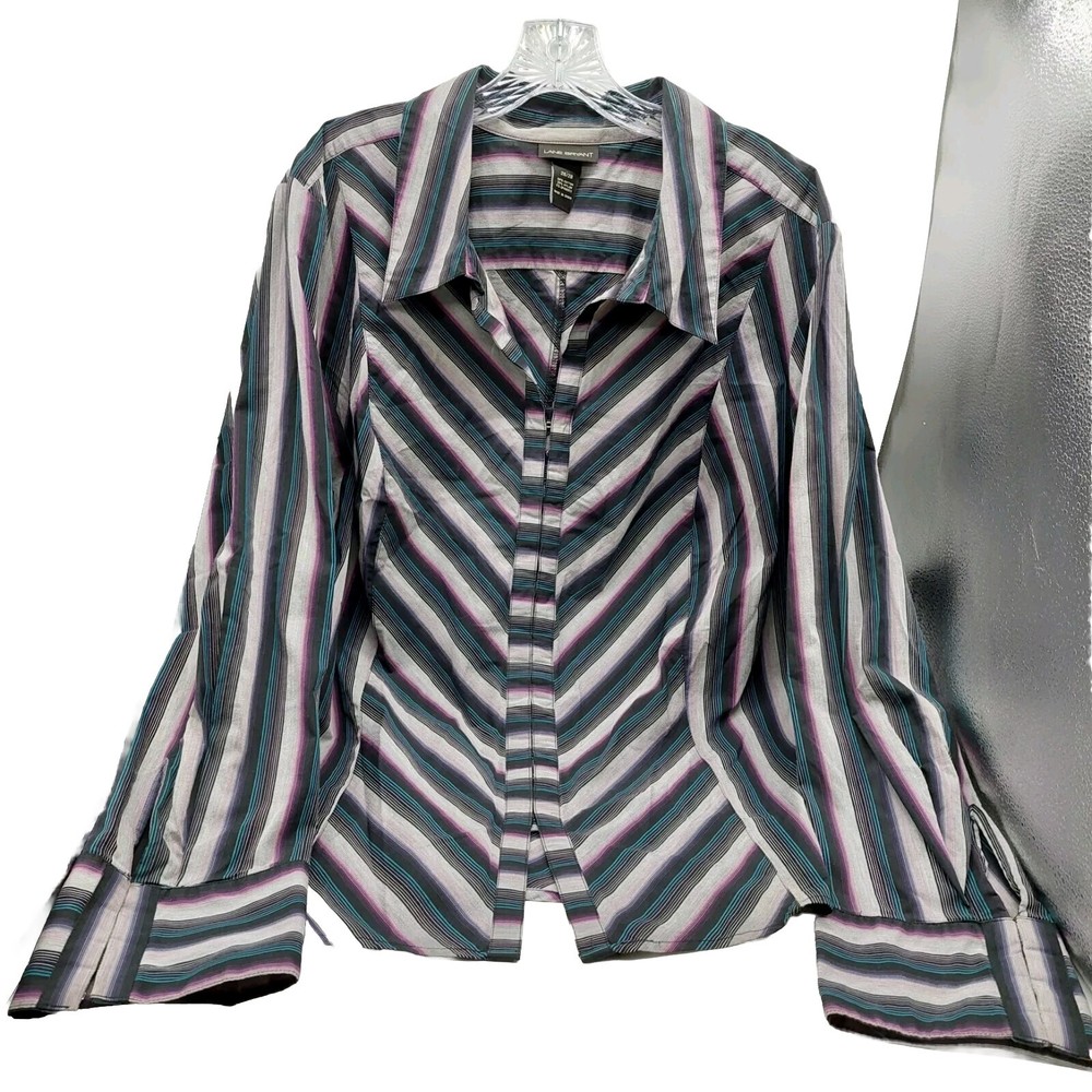 Lane Bryant Shirt Gray Blue Green Black Striped Button Front Blouse Size 26 / 28