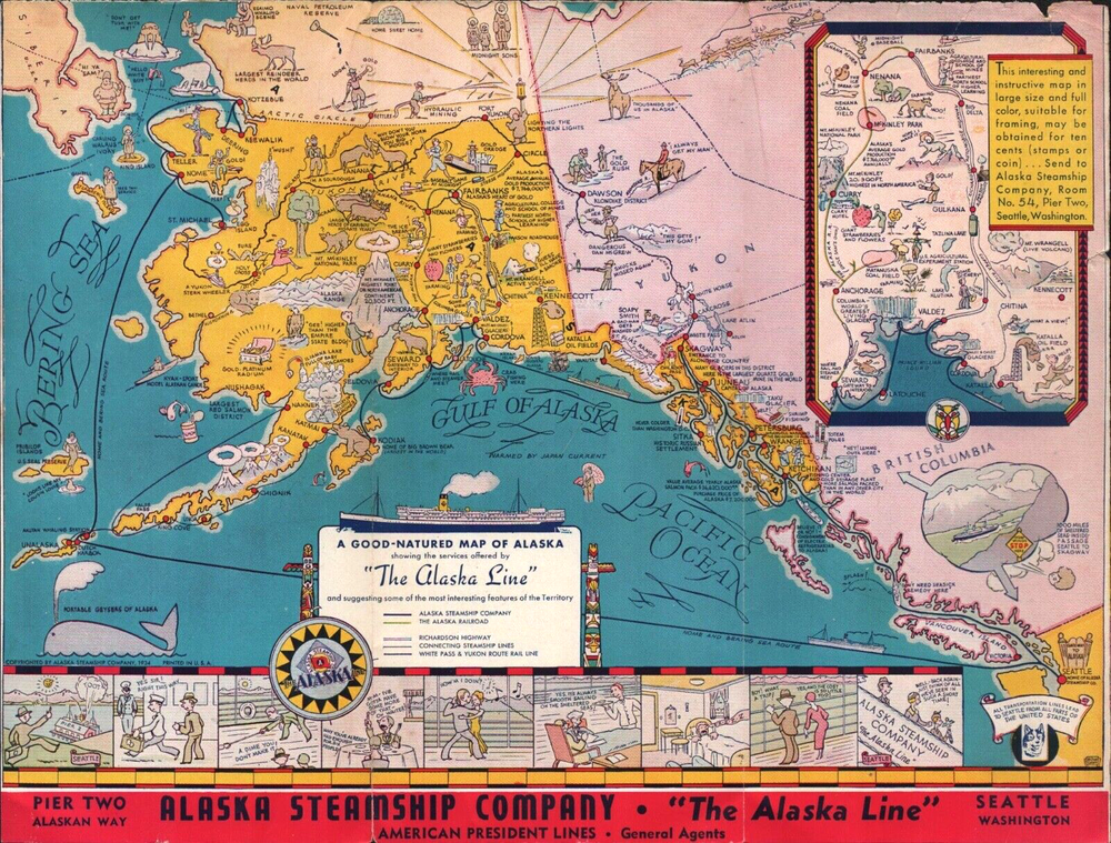1934 THE ALASKA LINE cruise ship company A GOOD-NATURED MAP OF ALASKA: 8