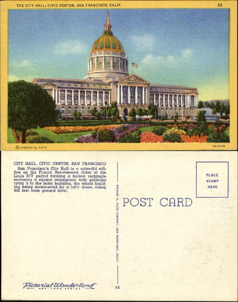 City Hall Civic Center San Francisco California unused 1930s-1940s postcard