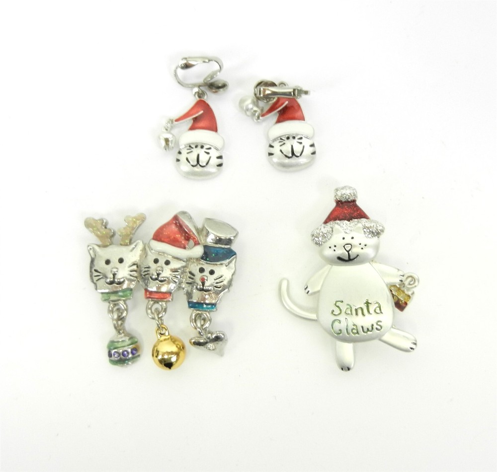 Enamel Christmas Cat Brooch and Earrings Set Silver Tone 3 Pcs-image