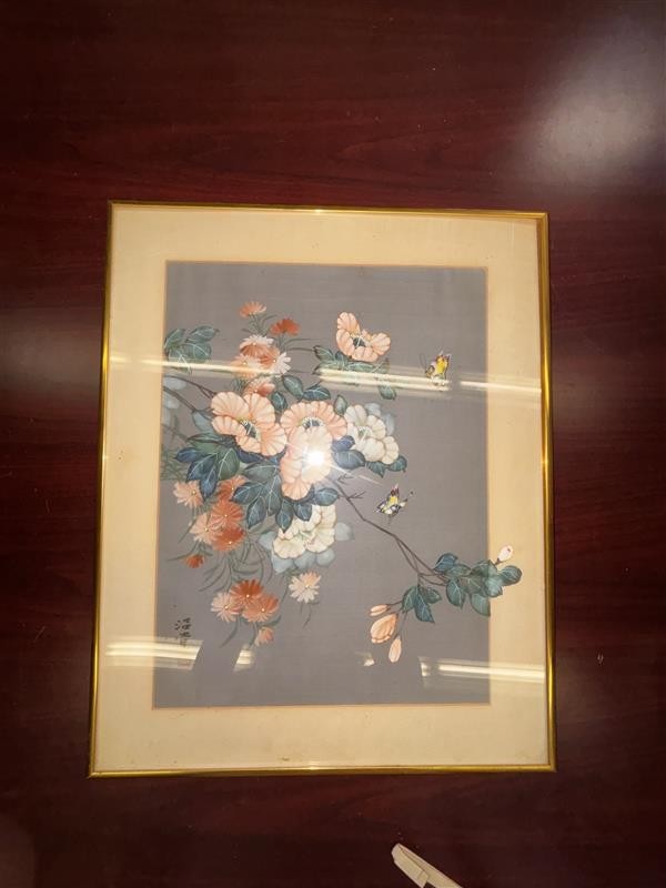 Asian Floral Silk Painting with Birds – Signed & Sealed – Framed Vintage Art