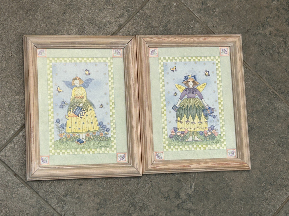 Set of 2 Debbie Mumm Gardening Angel Framed Prints 7x9