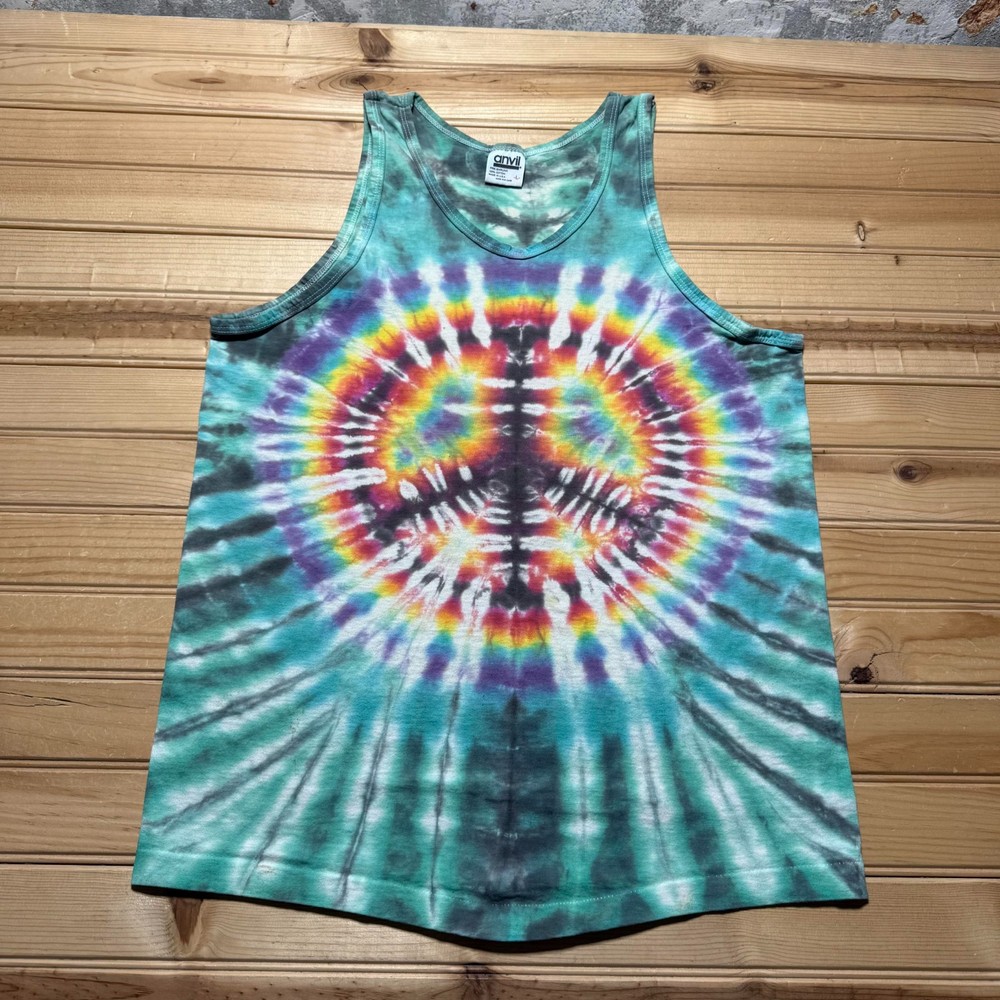 Vintage 90s Peace Sign Rastafari Hippie Summer Tie Dye Tank Top USA Made Large