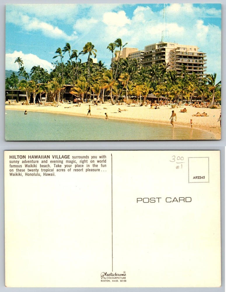 Vintage Hilton Hawaiian Village Waikiki Beach Honolulu Hawaii Postcard Chrome