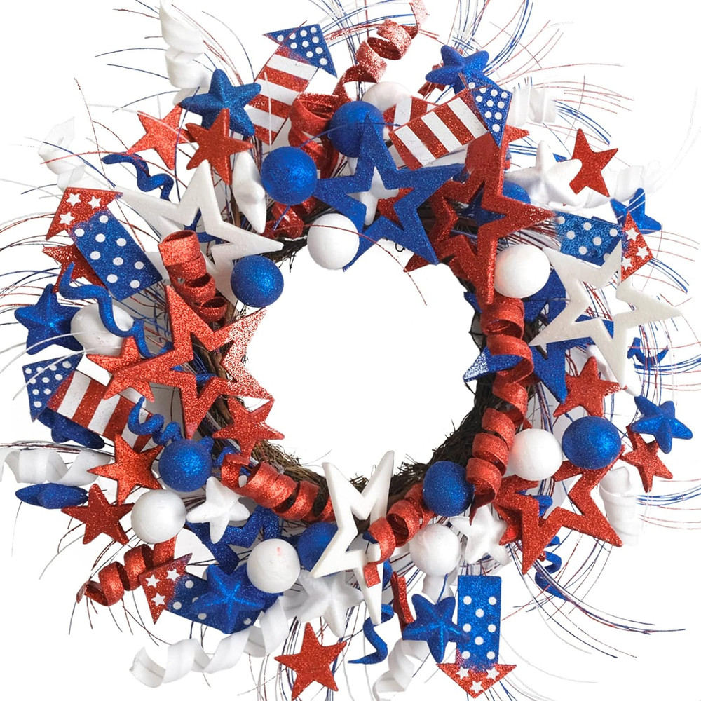 20 Inch Patriotic Red White Blue Glitter Stars Wreath for Front Door, Independen