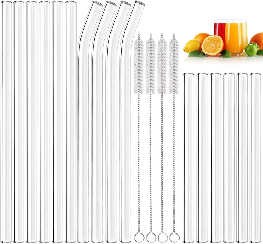 20 Pack Reusable Glass Straws - 6 Straight & 4 Standard Clear Straws for Drinks
