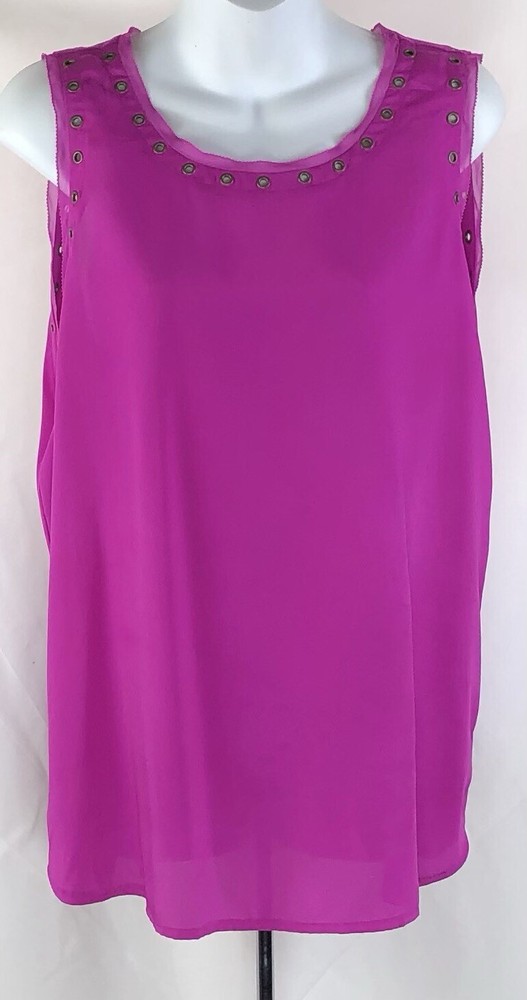 Worthington purple chiffon sleeveless punk top with raw edges and metal rivets