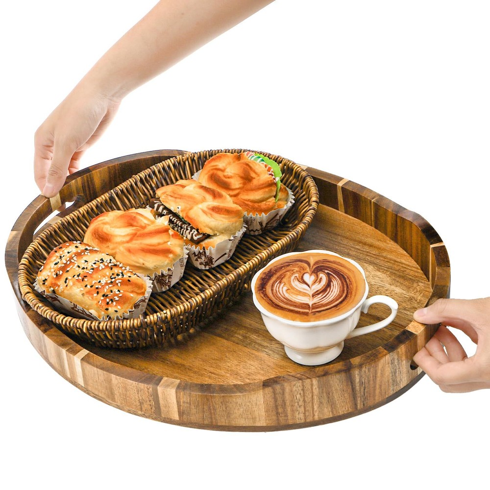 Acacia Wood Serving Tray with Handles 16x13 Rustic Ottoman Tray for Coffee Table Decor-image