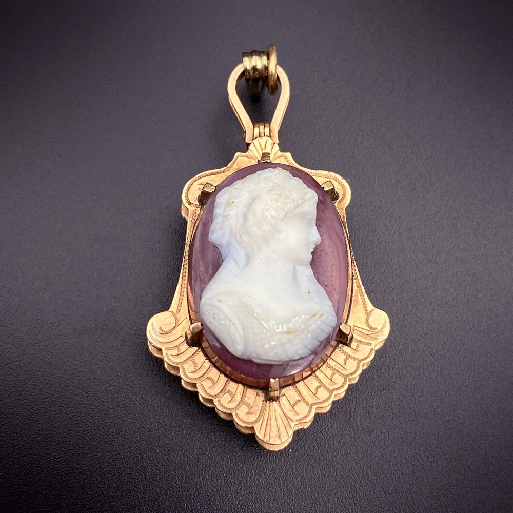 Antique 10K Carved Hardstone Cameo, Carnelian & Agate Locket Pendant/Fob TLJ
