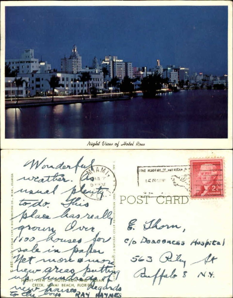 Hotel Row Miami Beach Florida Indian Creek night view mailed 1959 postcard